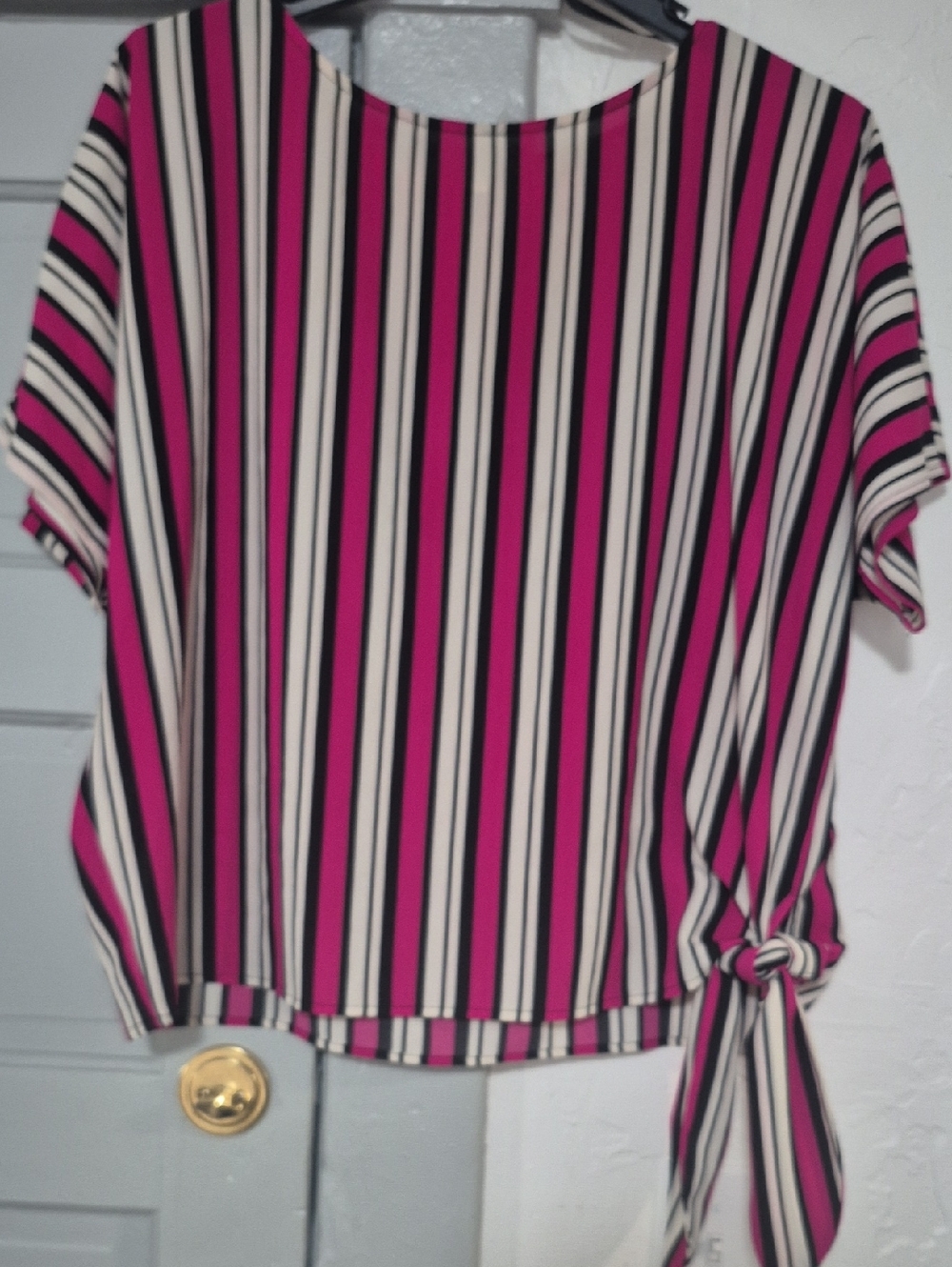 Michael Kors Pink, Black & Cream Striped Tie-Side Blouse